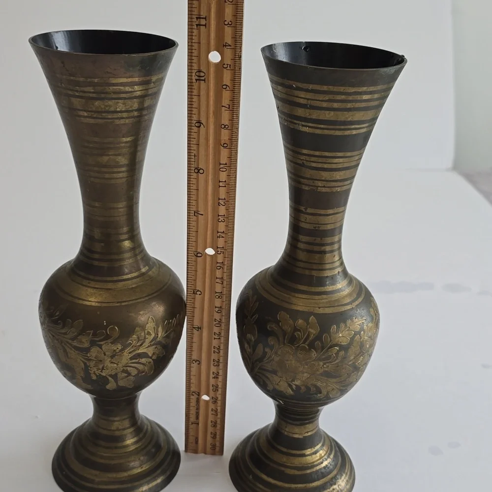 Set Of 2 Brass Floral Etched Vases 10